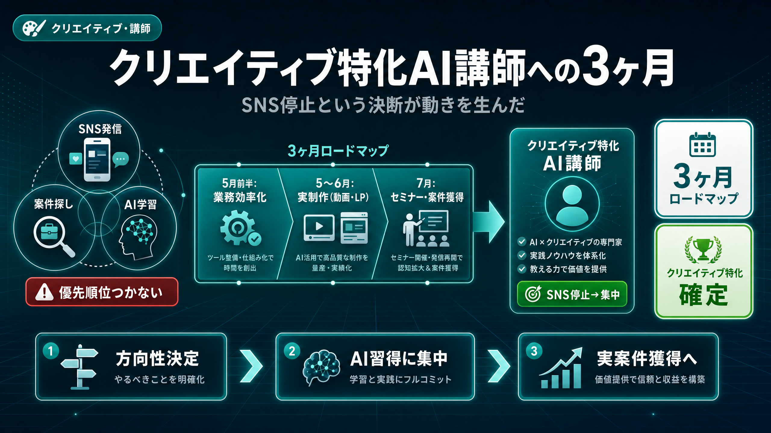 業務効率化からクリエイティブ特化AI講師へ。3ヶ月ロードマップで方向性を確定
